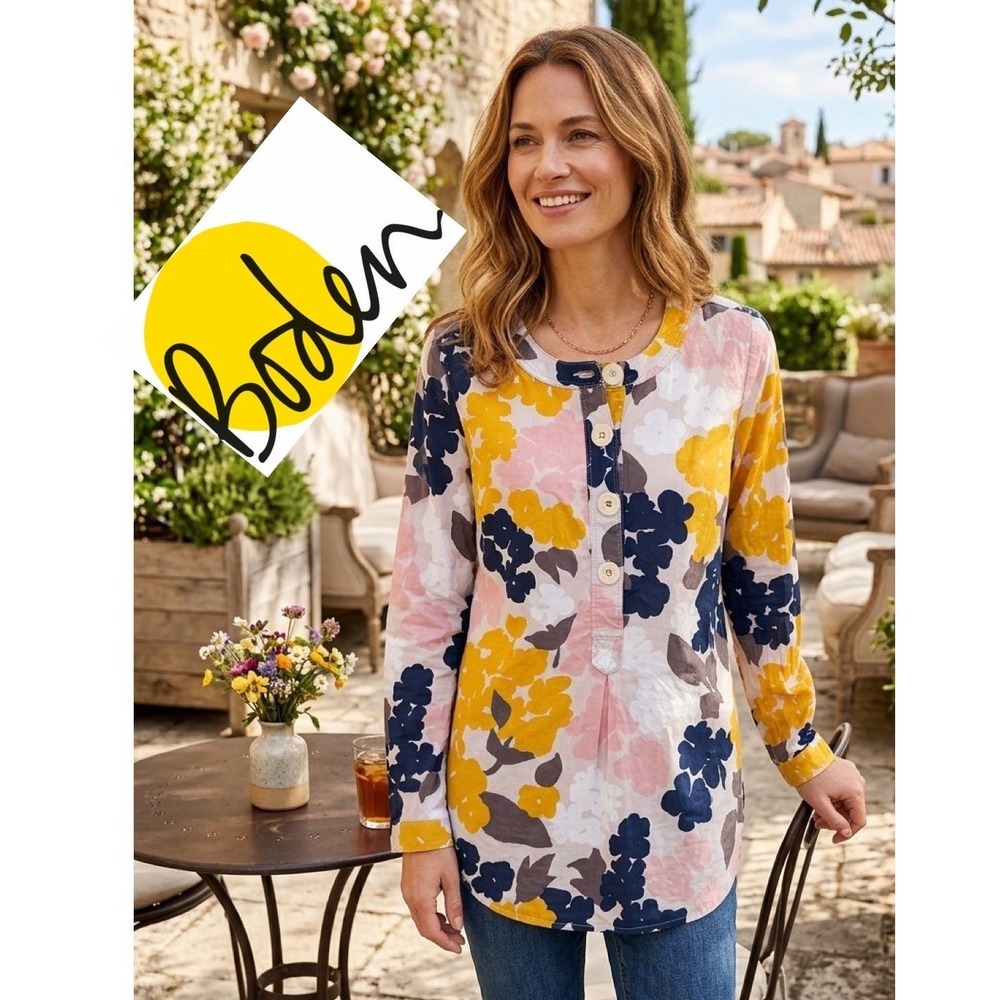 Boden Women Yellow Floral Cotton Long Sleeve Tunic Blouse US 6 UK 10 Maximalist